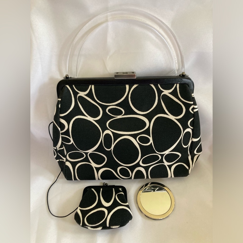 Angela Adams Geometric Circle Purse with clear handle, coin purse, & mirror. EUC